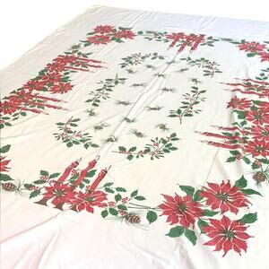 Vintage Christmas Tablecloth Printed Cotton 1960's Festive Red Green 58" x 76"